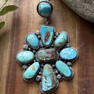 Navajo Sterling Silver Blue Green Royston Turquoise Cluster Pendant CY Gift